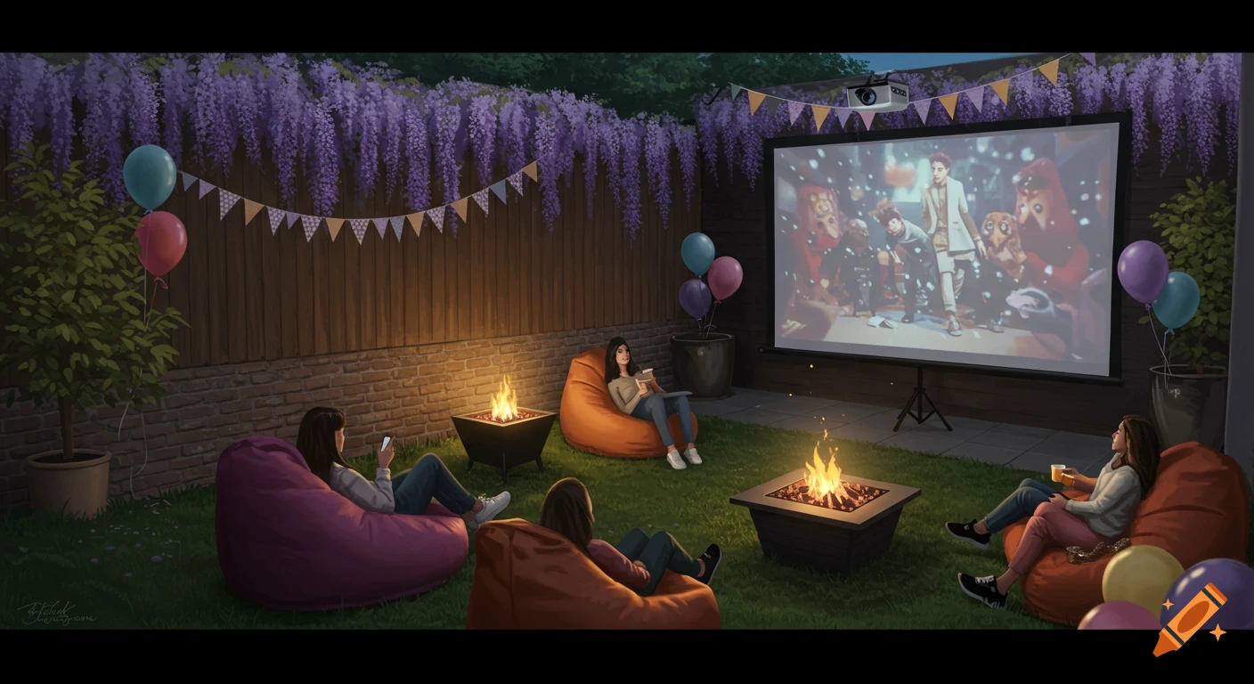 A backyard movie night with people sitting on bean bag chairs around fire pits, watching a film projected onto a screen, with wisteria hanging over a fence.
