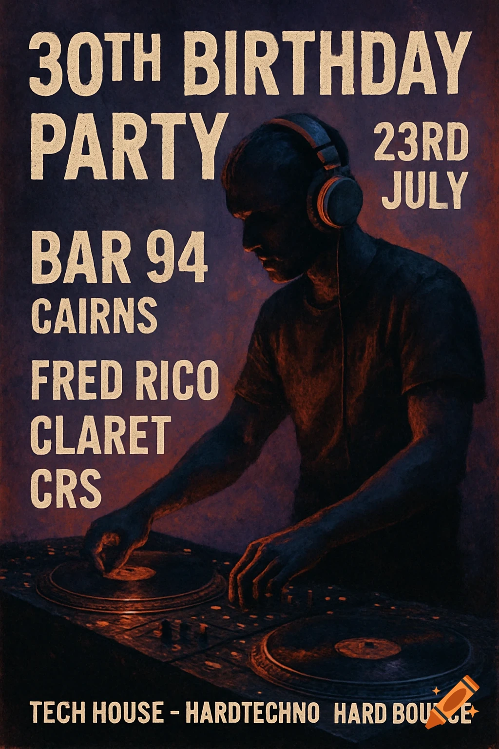 Vintage-style party flyer for a 30th birthday featuring a silhouetted DJ at turntables, with event details and music genres.
