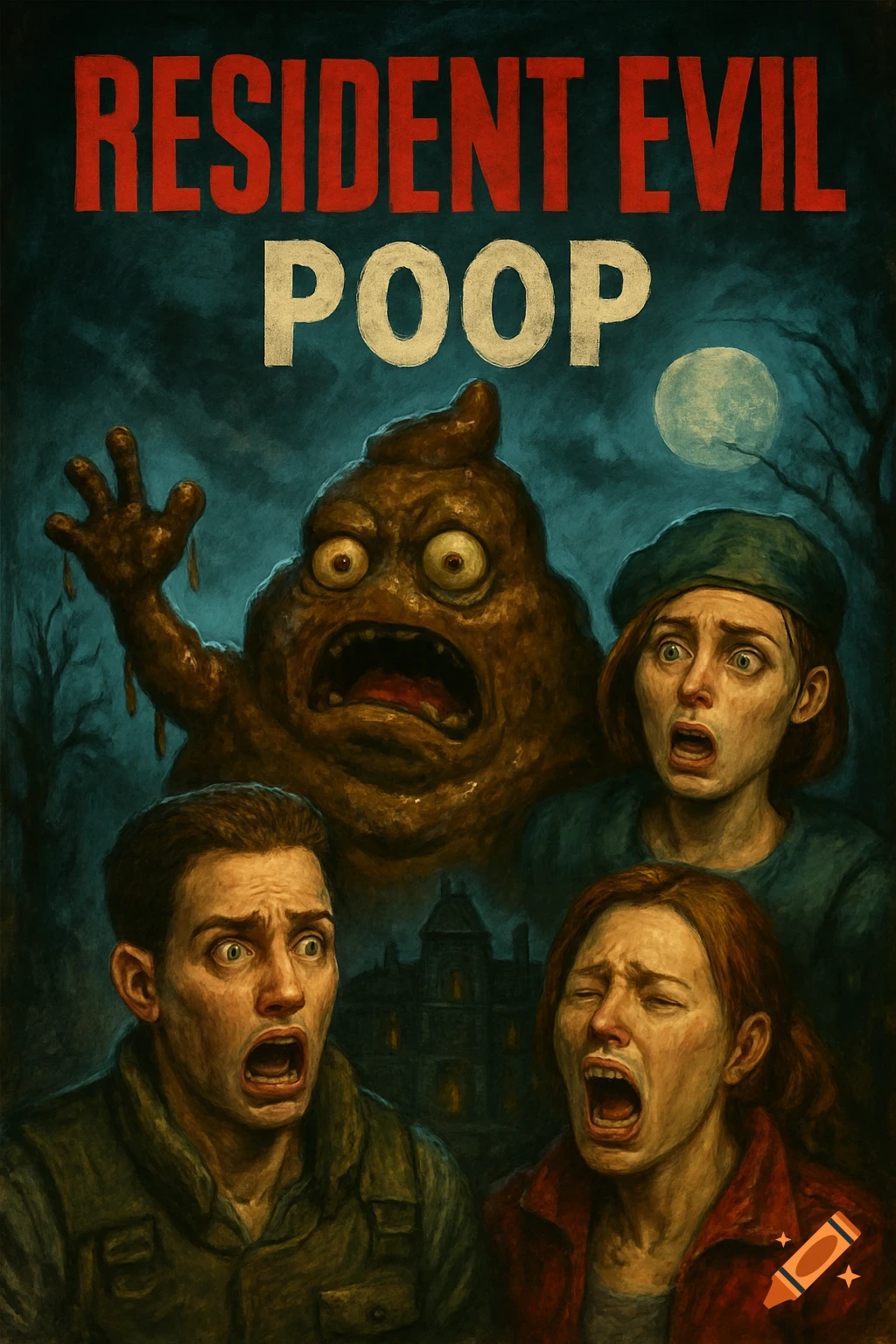 A horror movie poster parody titled 'Resident Evil Poop' with a screaming poop monster and three terrified people.