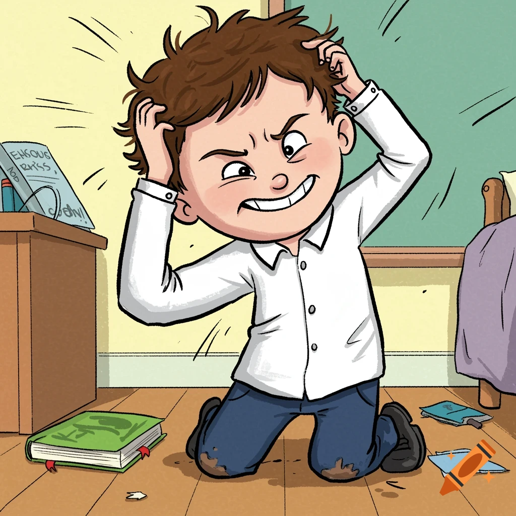 A frustrated cartoon boy with messy brown hair kneels on the floor, scratching his head and grimacing. Papers are scattered around him.