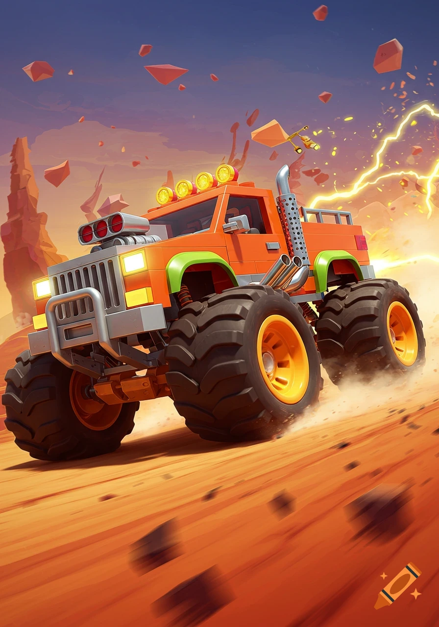 A vibrant, stylized orange monster truck speeds through a reddish desert, kicking up dust, with rock formations and lightning in the dramatic sky.