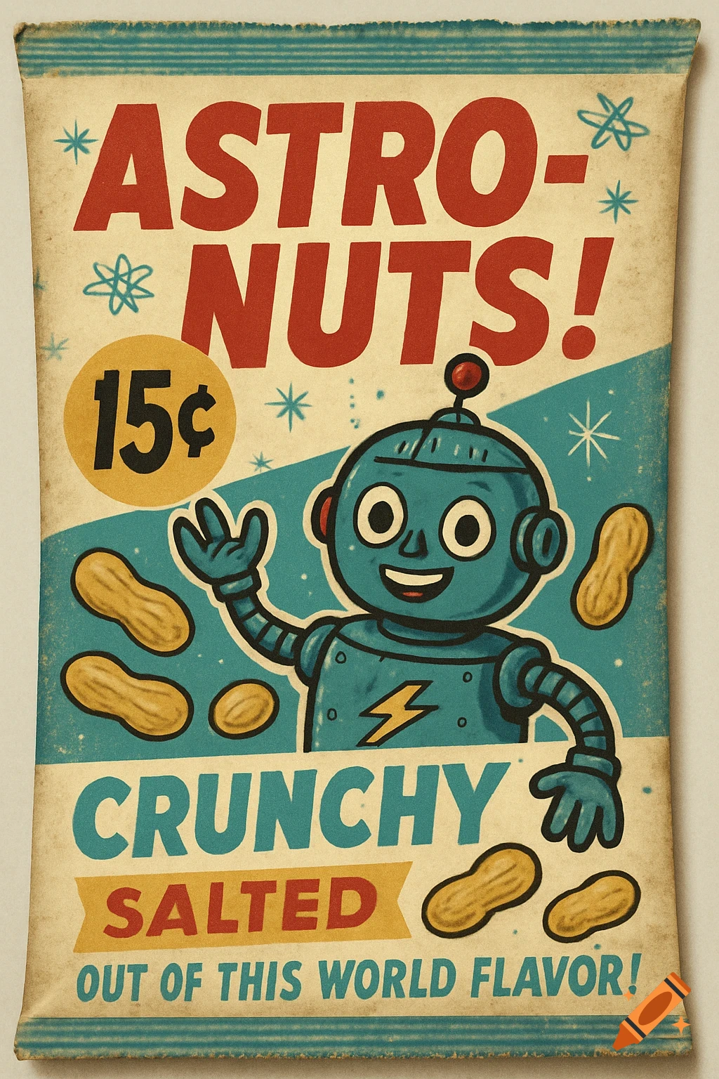 Vintage-style packaging for "Astro-Nuts" peanuts, featuring a teal robot mascot, "15c" price, and retro typography on a cream background.