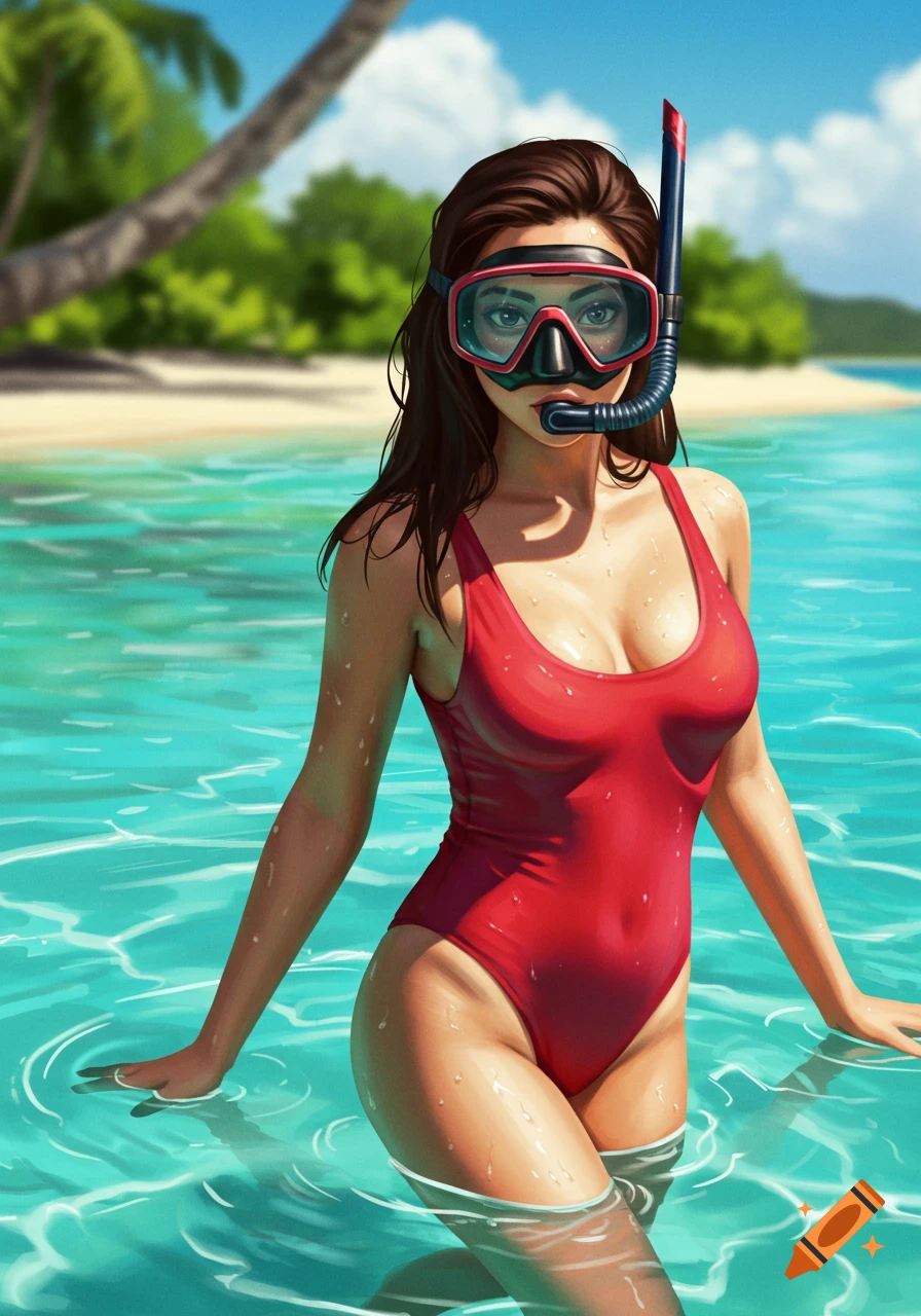 Illustrated woman in a red swimsuit and snorkel mask standing in clear turquoise water at a tropical beach.