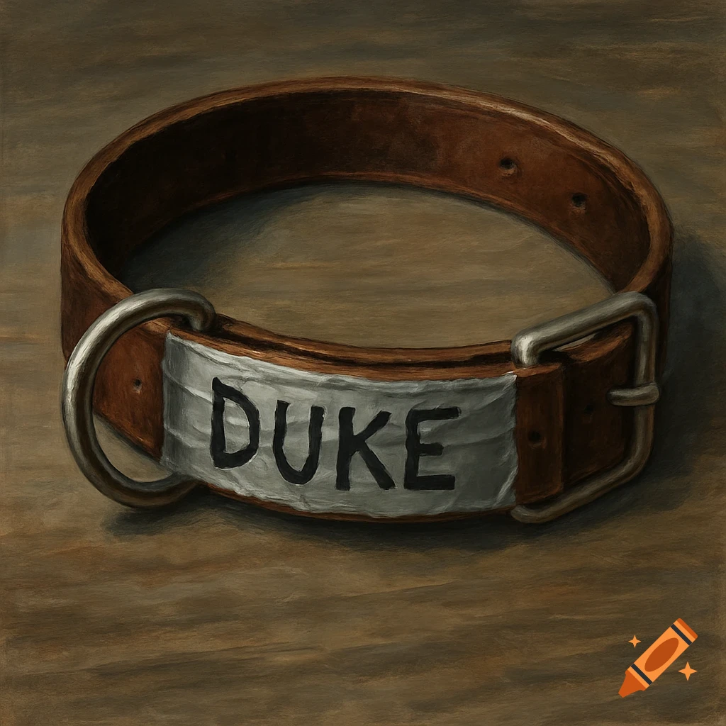 A brown leather dog collar with a silver label that says 'DUKE' on a wooden surface, rendered in a painterly style.