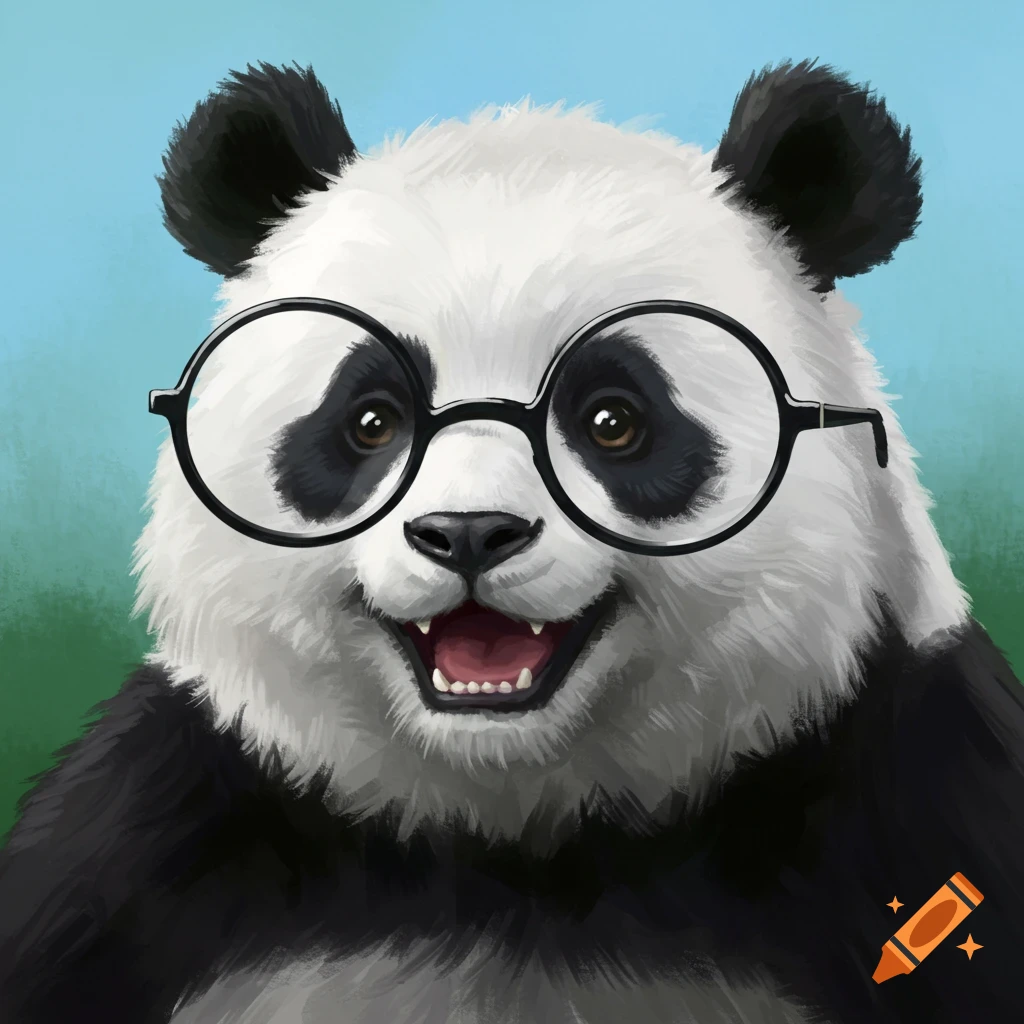 A happy panda wearing round black glasses, smiling broadly, against a blue and green background. Digital illustration.