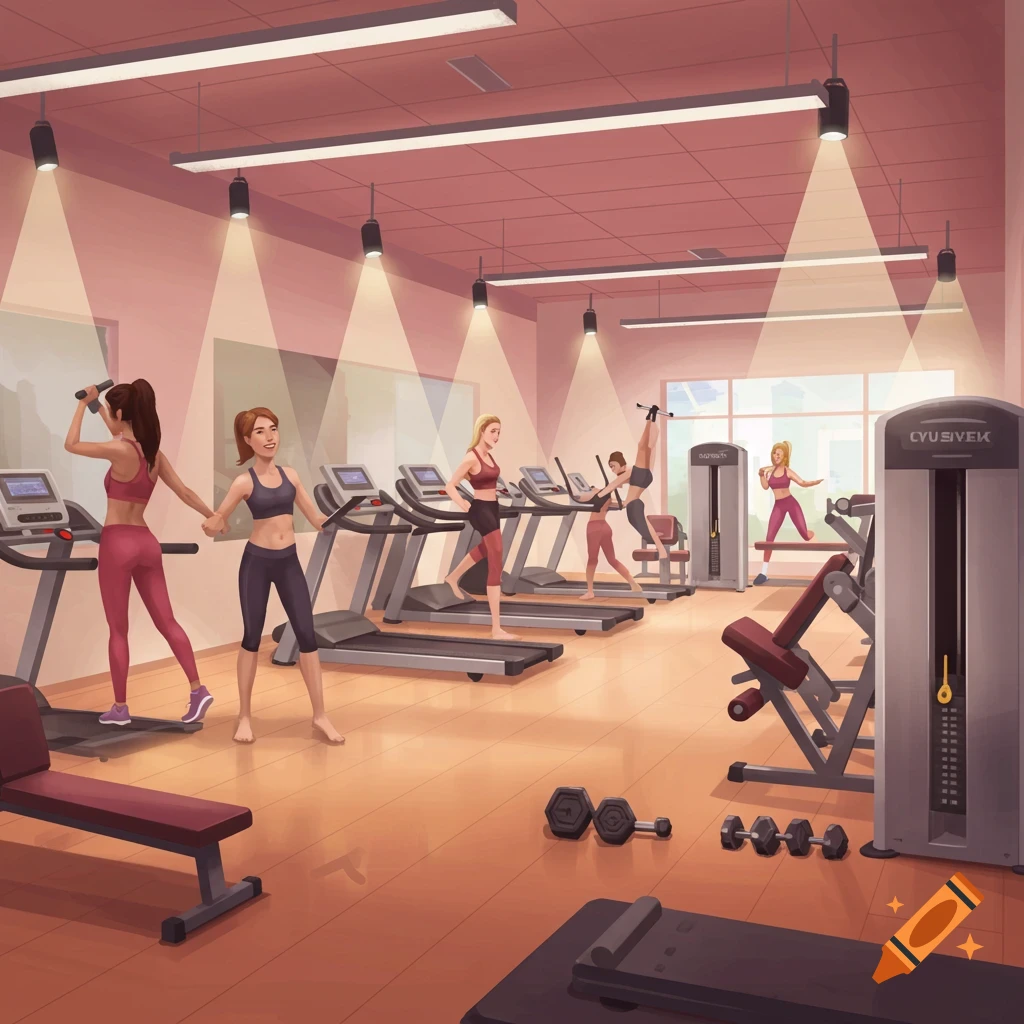 An illustration of several women exercising in a bright, modern gym with treadmills, weights, and various machines.