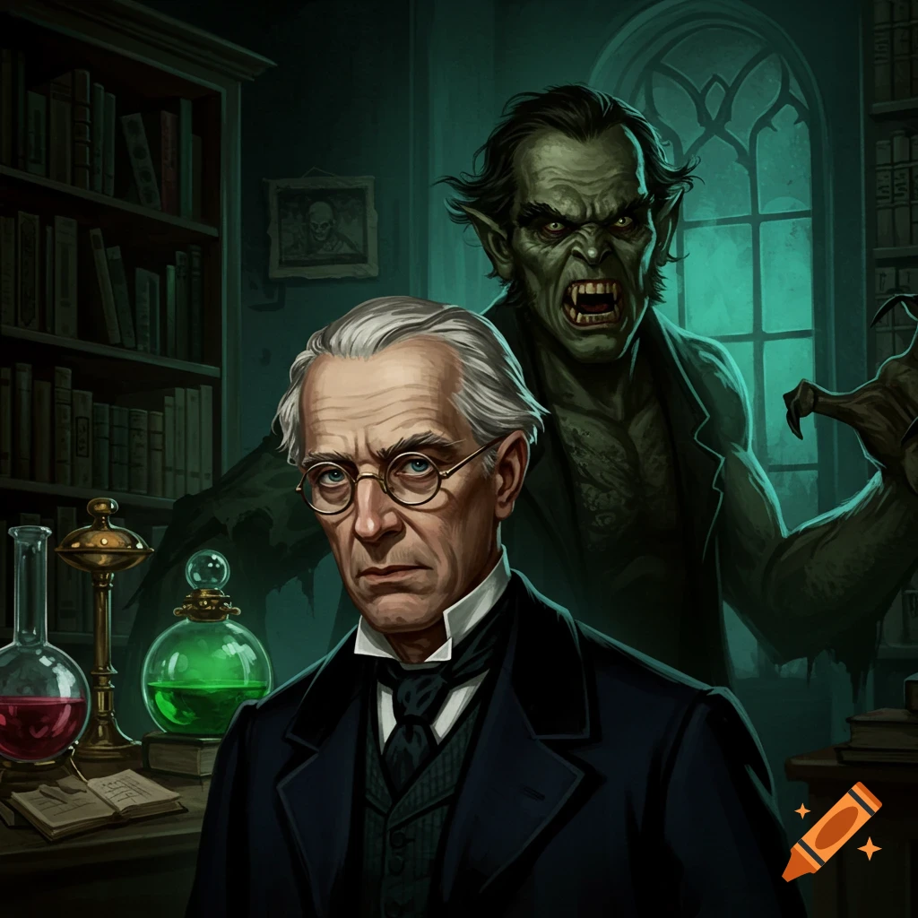 A distinguished man in a suit and glasses stands in a gothic study, while a menacing green monster looms behind him.