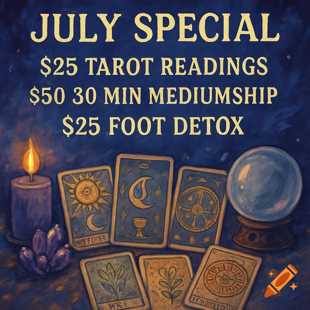 An illustration with an ad for 'July Special' featuring '$25 Tarot Readings', '$50 30 Min Mediumship', and '$25 Foot Detox', set against a dark blue background with lit candle, crystal ball, and tarot cards.