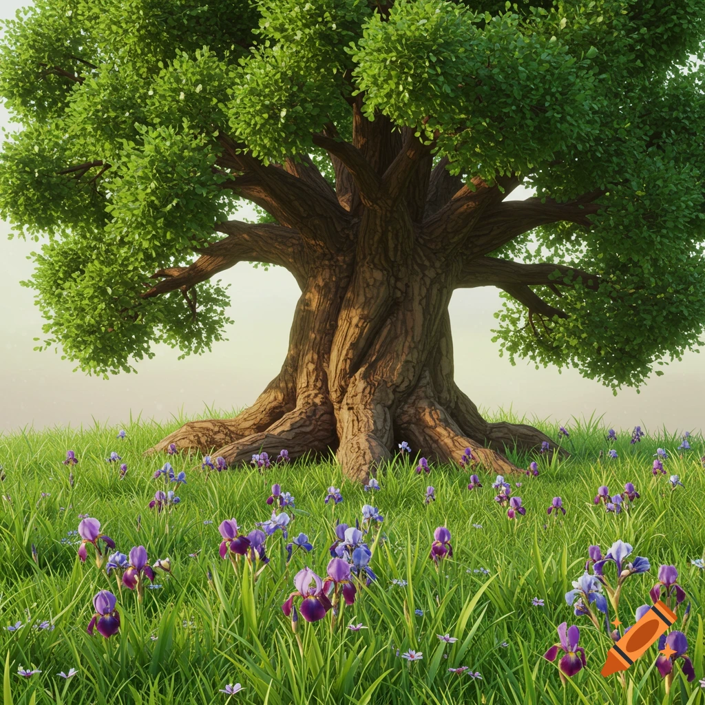 A photorealistic image of a large, old tree with lush green leaves, its trunk deeply rooted in a vibrant green meadow full of purple and blue iris flowers under a bright sky.