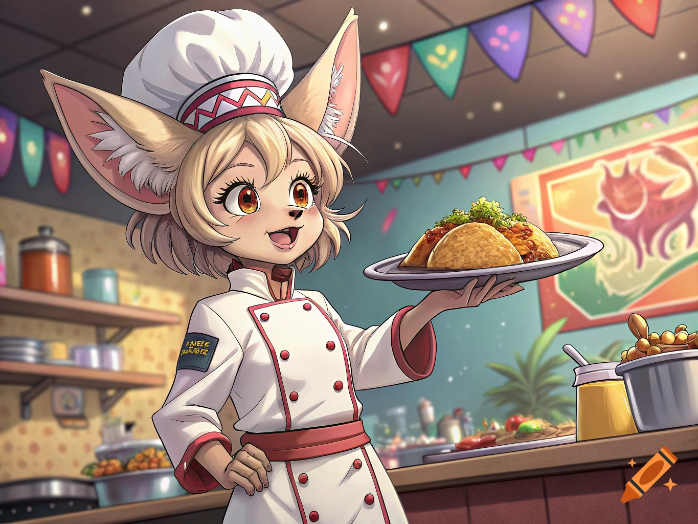 An anime kemonomimi chef happily presents a plate of tacos in a festive restaurant setting.