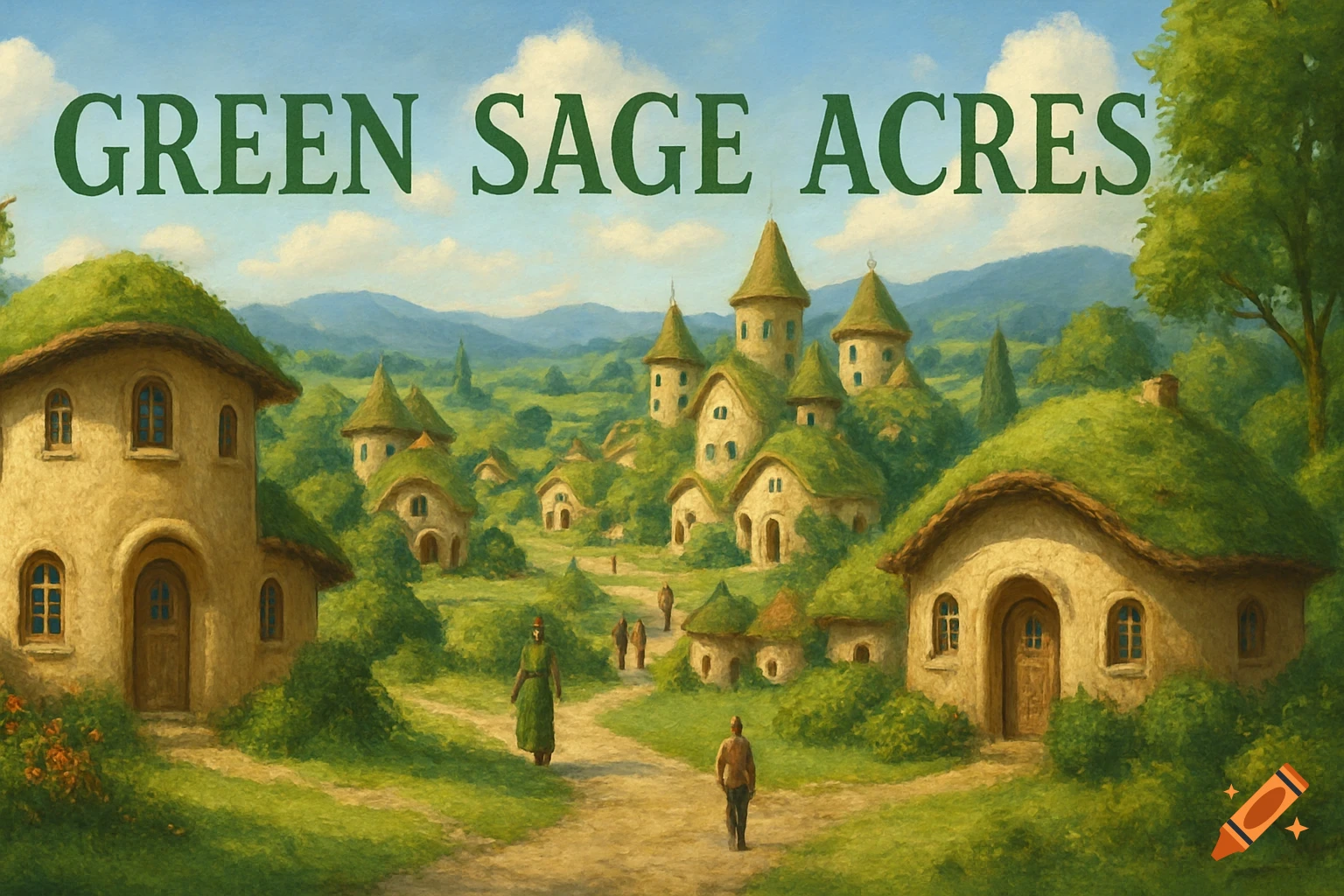 Painting of a peaceful fantasy village with green-roofed cob houses and people on dirt paths, with 'GREEN SAGE ACRES' text.
