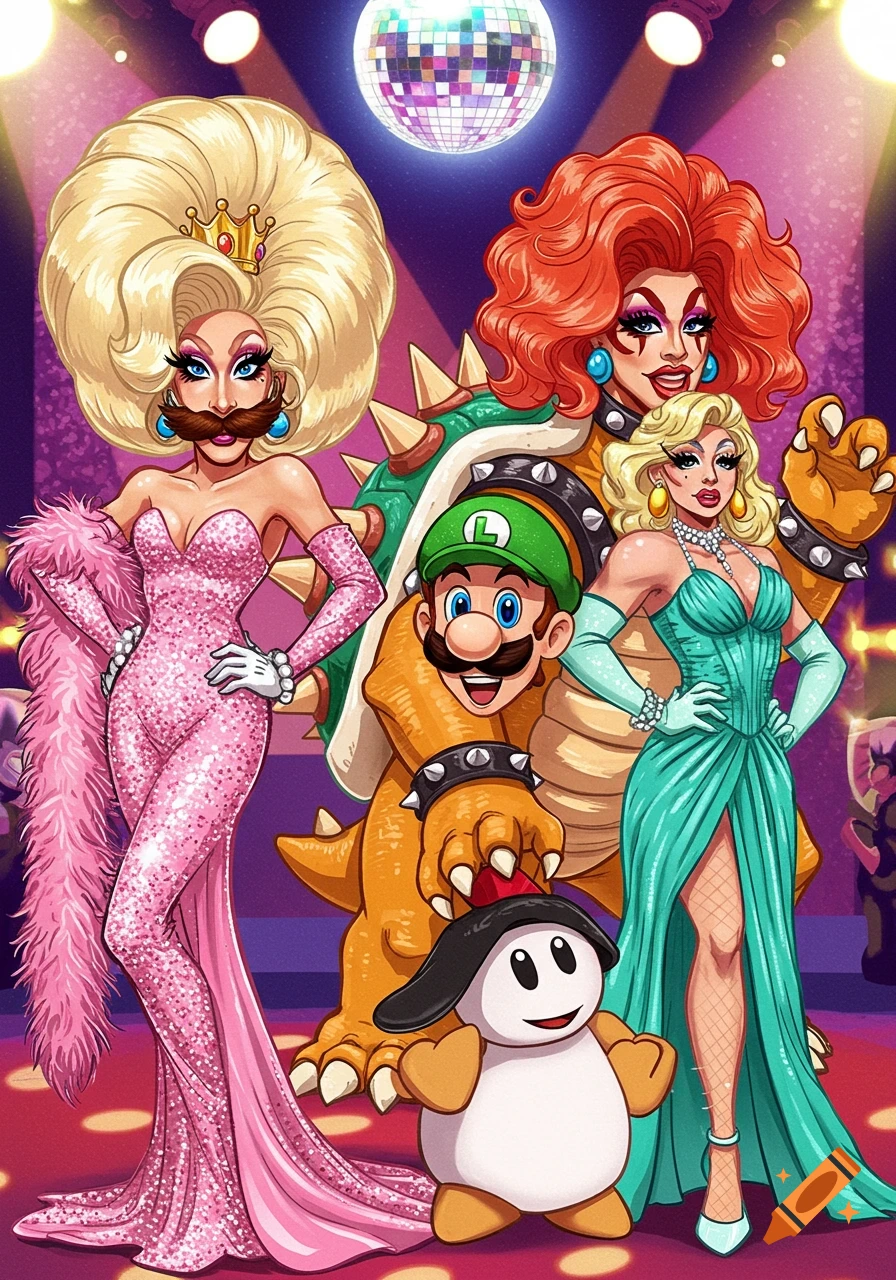 Cartoon illustration of Nintendo characters as drag queens, including Mario, Bowser, and others, on a vibrant disco dance floor.
