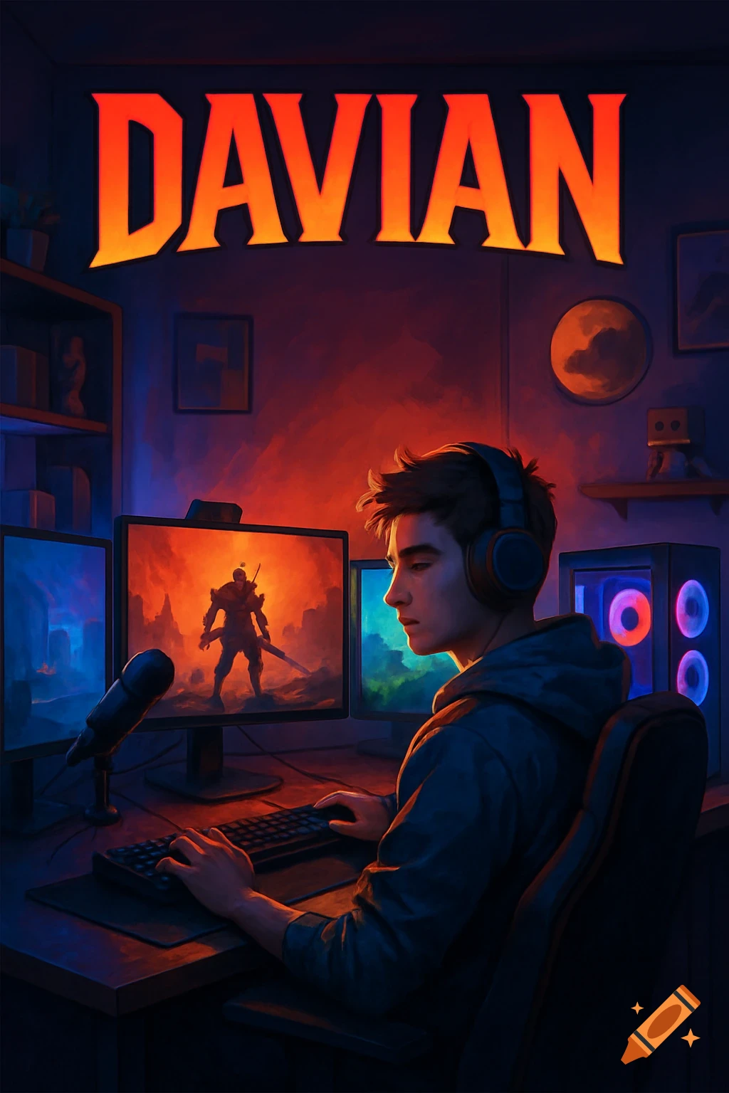 A young man with headphones playing a video game on multiple monitors in a dark room with red and blue lighting, with the word "DAVIAN" at the top.