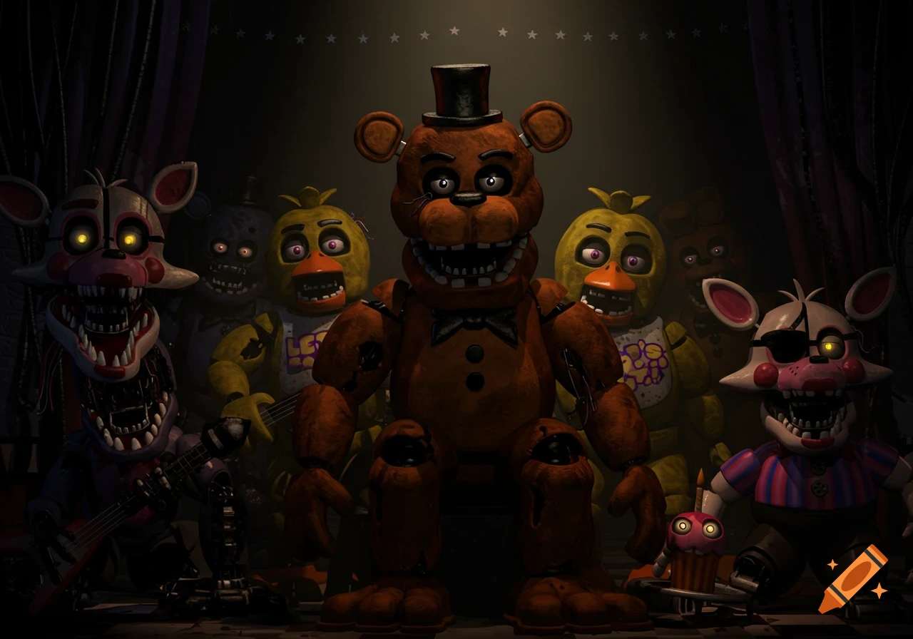 A dark image of multiple weathered animatronic characters from Five Nights at Freddy's, including Freddy Fazbear, in a dimly lit room.
