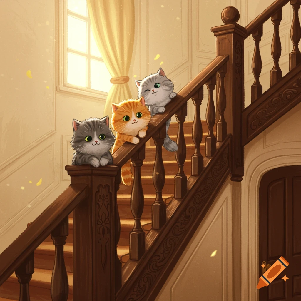 Three cute cartoon cats, one grey, one orange, and one winking grey, are perched on a wooden staircase banister in a sunlit house.