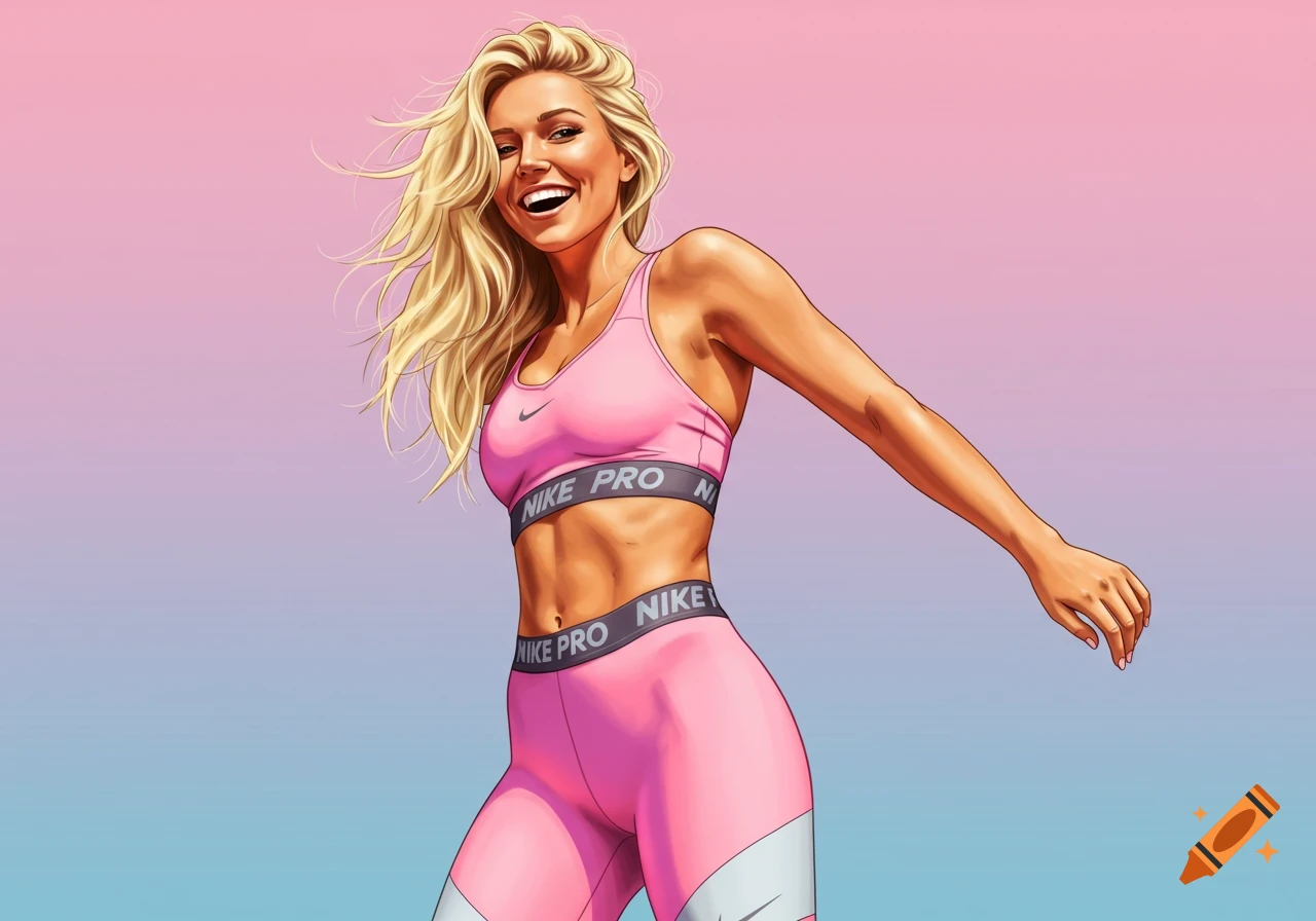Illustrated blonde woman in a pink Nike Pro sports bra and leggings smiling against a pink and blue gradient background.