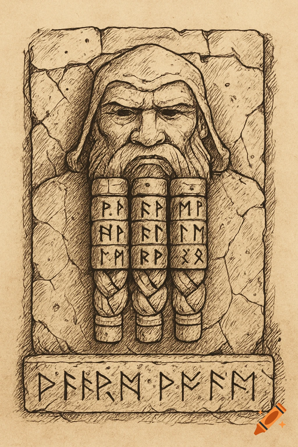 An ink sketch of a solemn dwarf's face carved into stone, with braided beard sections made of rune-covered cylinders, and more runes etched below.
