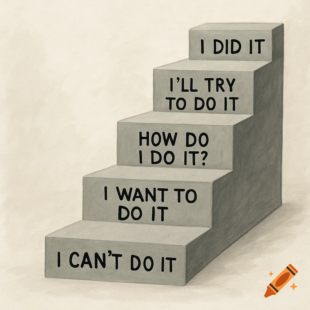 Five grey steps with motivational phrases: 'I CAN'T DO IT' to 'I DID IT'.