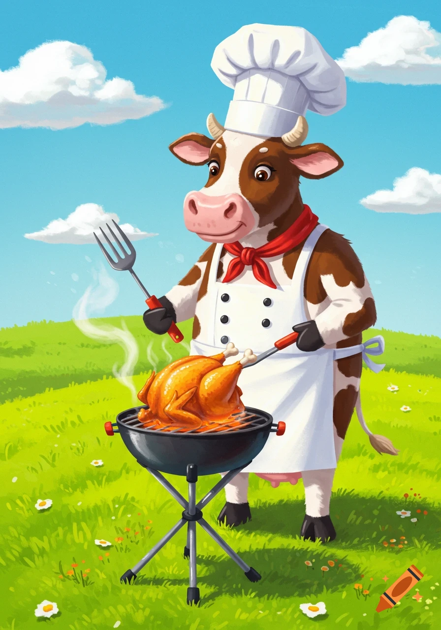 A cartoon cow wearing a chef's hat and apron grilling a chicken in a grassy field under a blue sky.