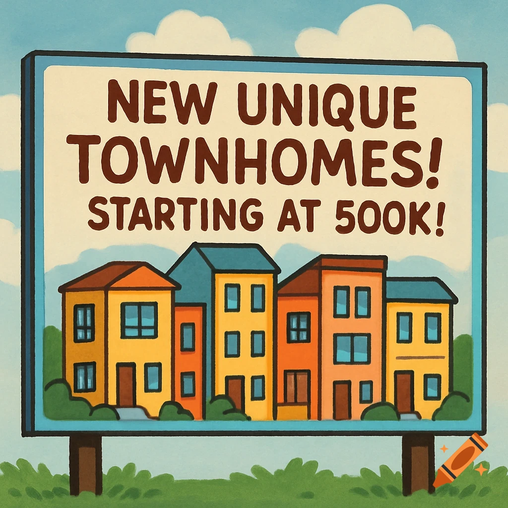 A cartoon-style billboard advertises new unique townhomes starting at 500K, with colorful houses illustrated below.