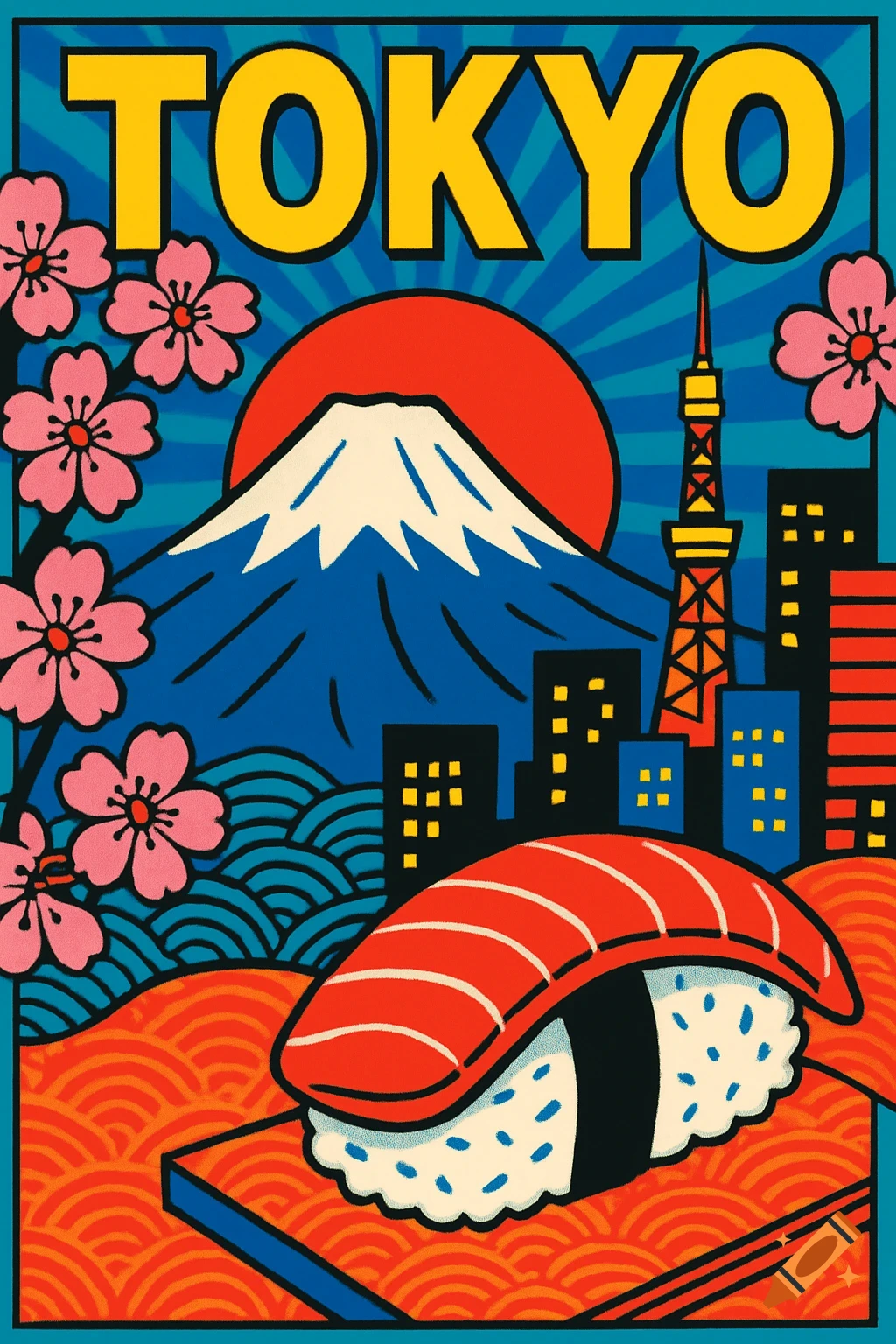 A bold, pop-art style illustration of Tokyo featuring Mount Fuji, cherry blossoms, a city skyline, and sushi, with 'TOKYO' written at the top.