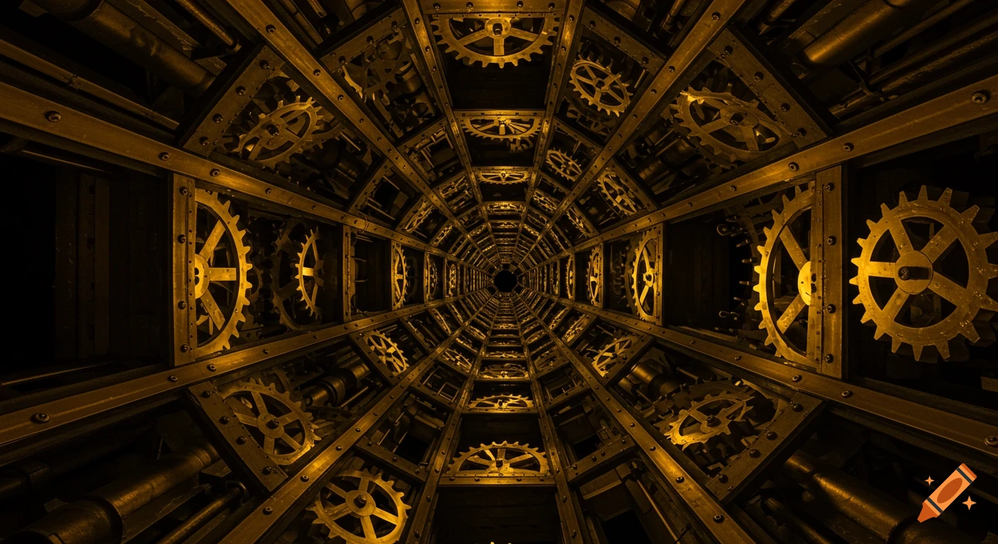 Golden gears and metal frames line the walls of a dark, intricate steampunk tunnel.