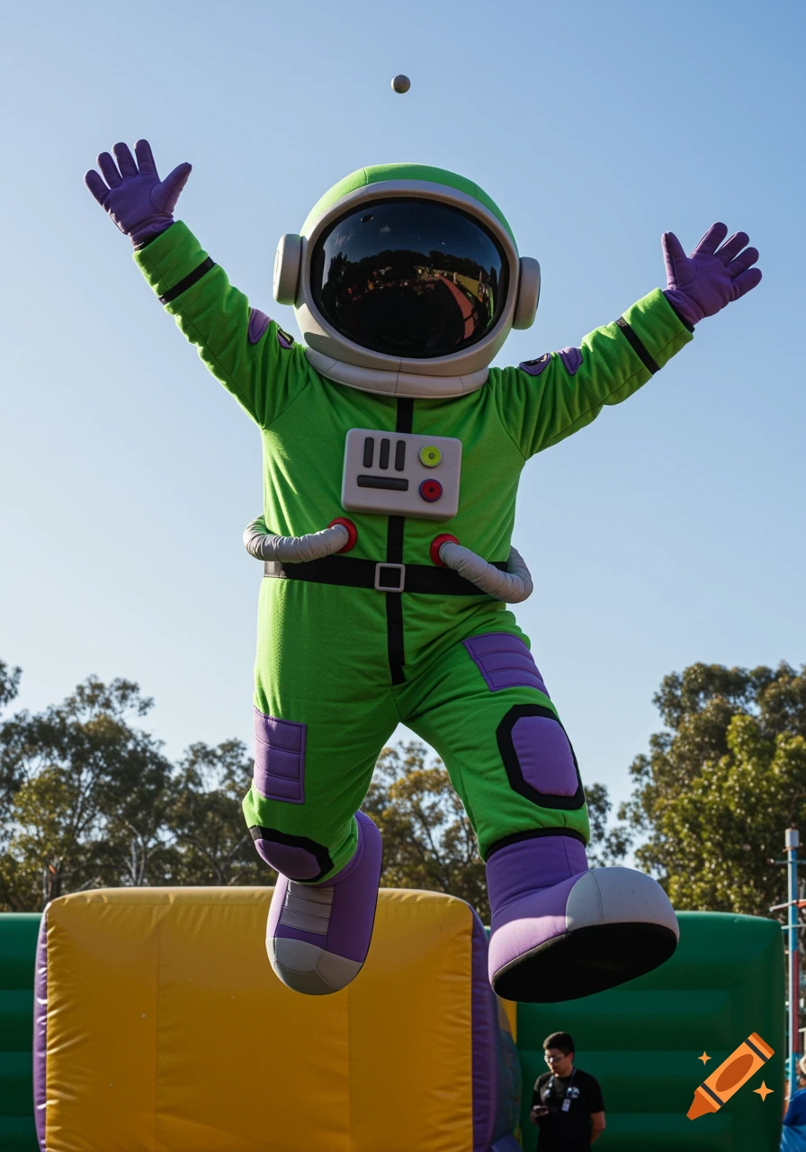 A person in a green and purple astronaut mascot costume jumps high above bouncy castles on a sunny day.