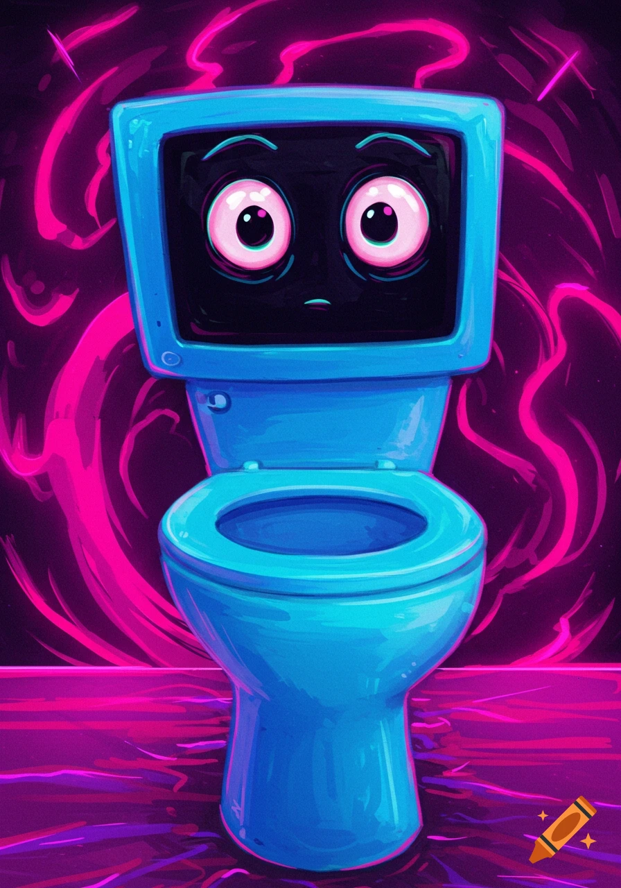 A cartoon blue toilet with a monitor head and wide pink eyes, set against a swirling pink and purple background.