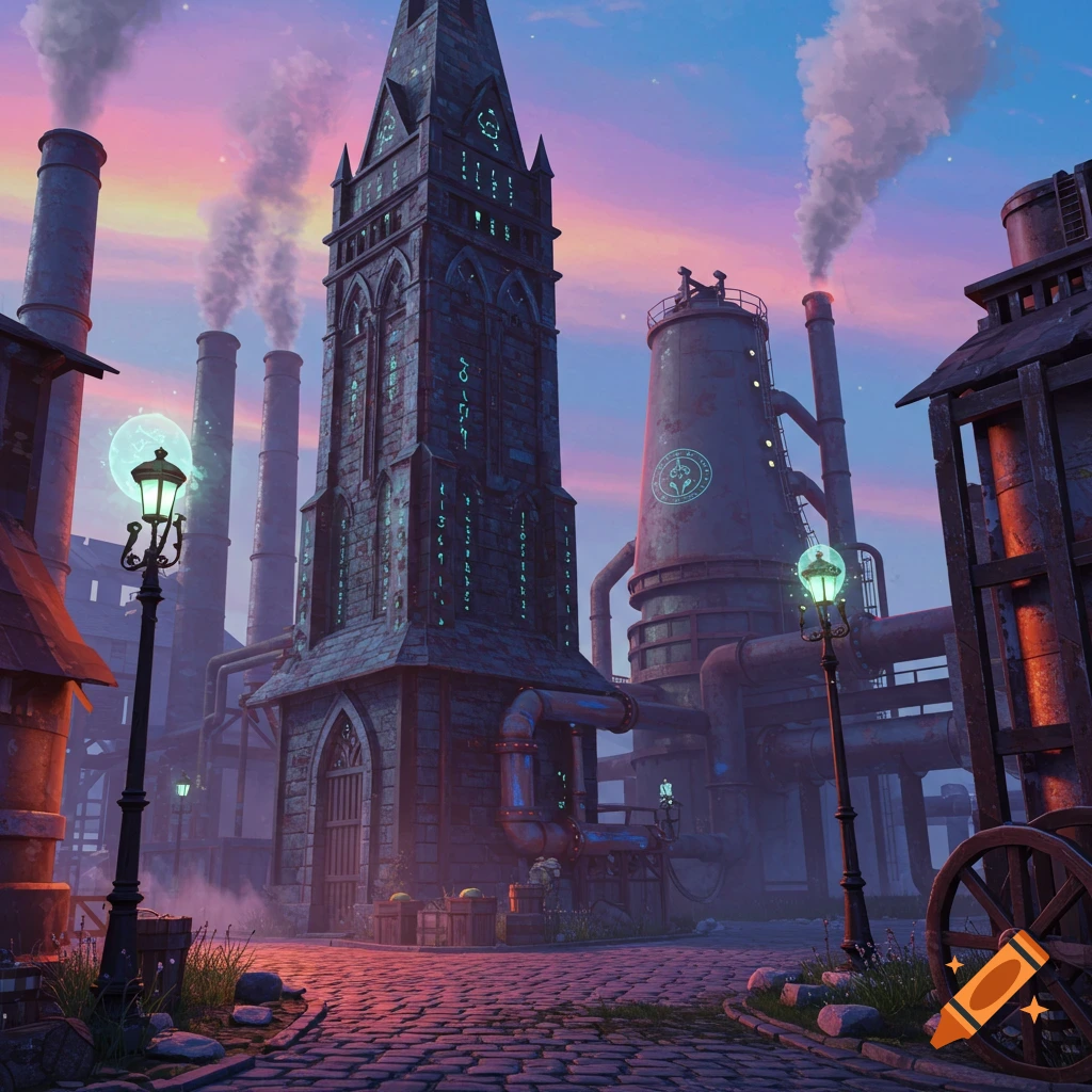 A vibrant image of a towering gothic factory building with glowing runes and smoking chimneys, on a cobblestone street at sunset.