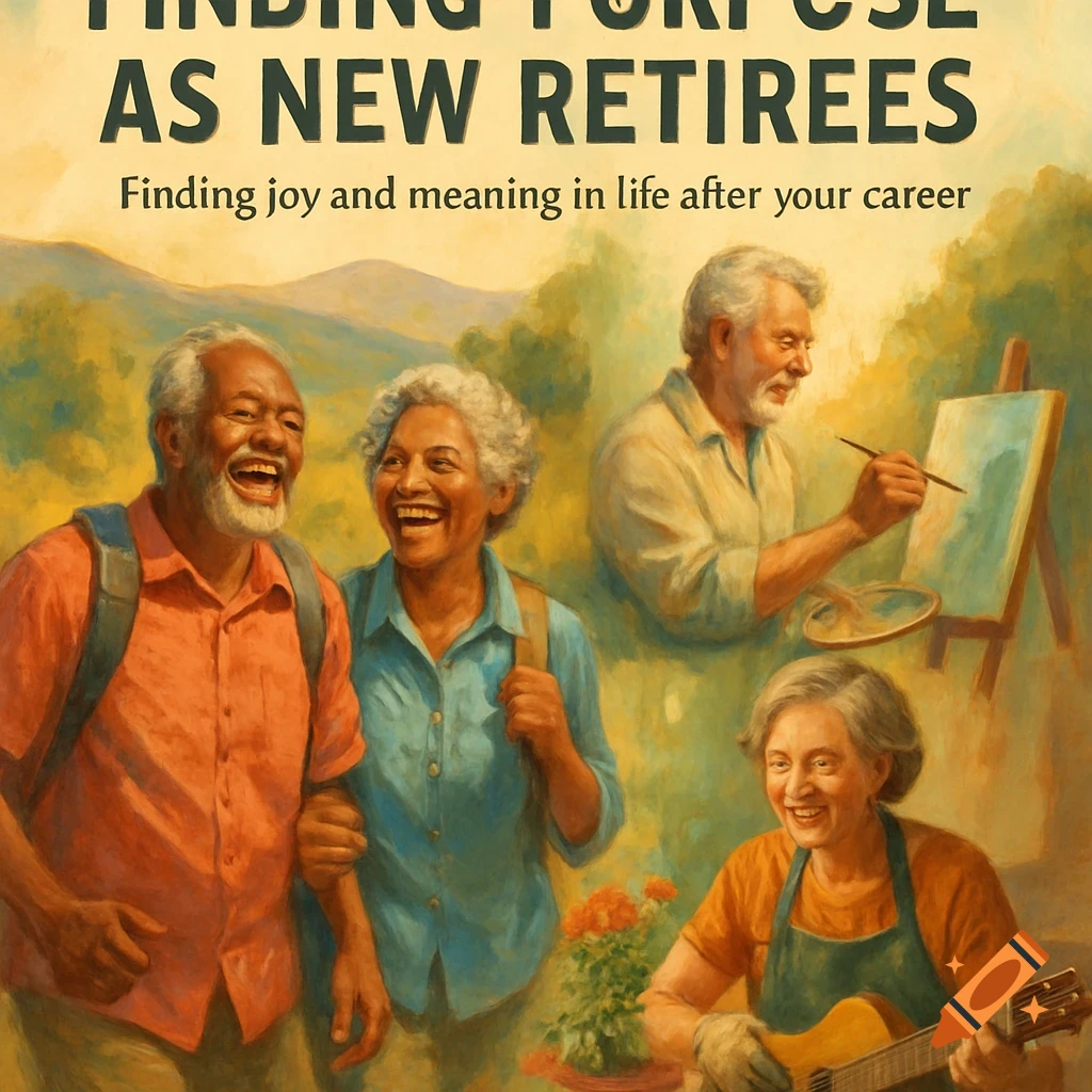 A painterly illustration of diverse elderly people joyfully engaged in activities like hiking, painting, and playing guitar outdoors.