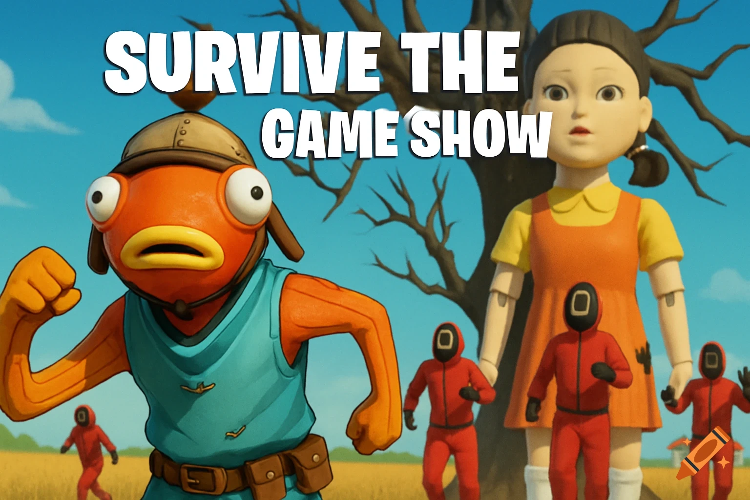 Fortnite's Fishstick and Squid Game characters on a field with 'SURVIVE THE GAME SHOW' text above.