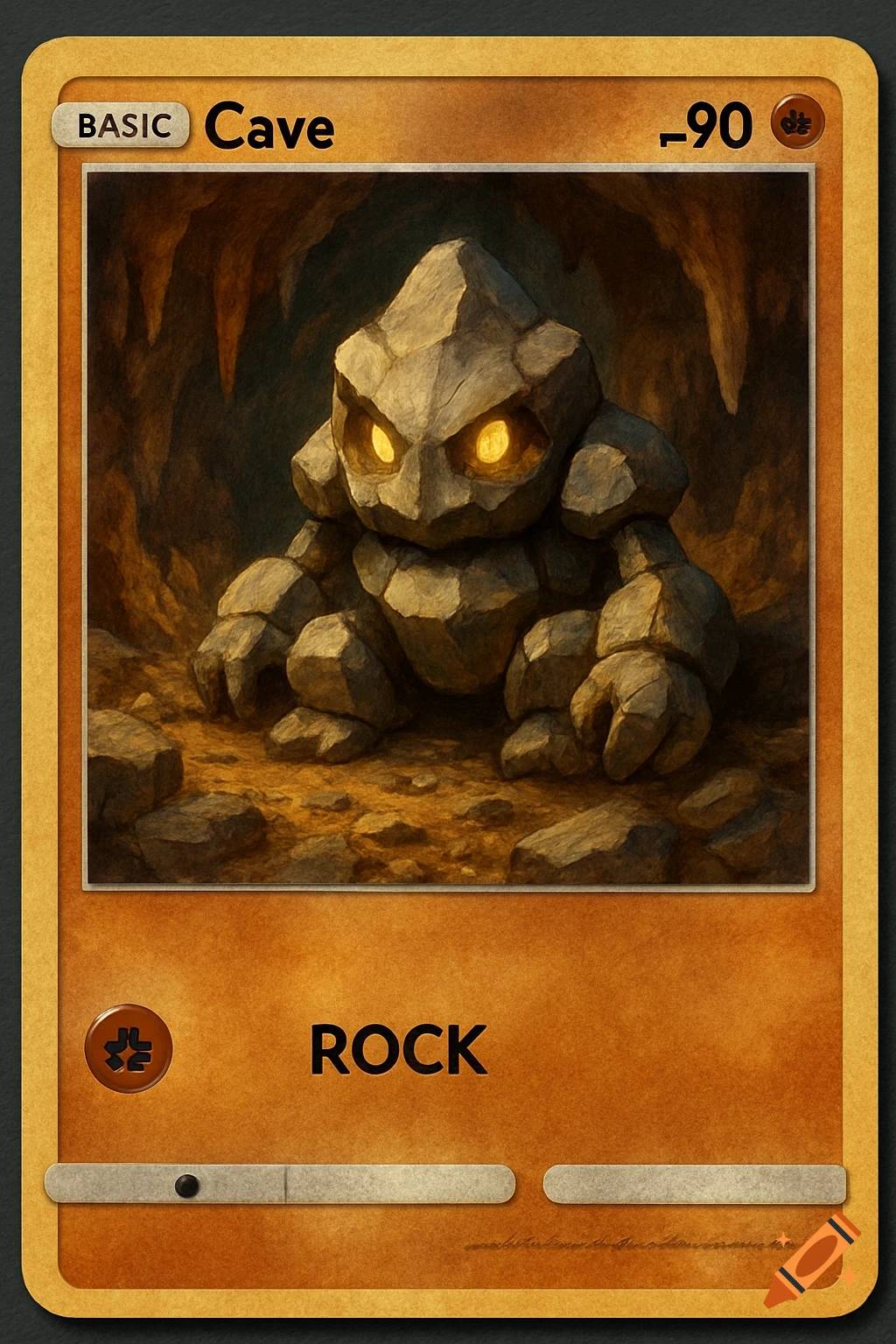 A Pokemon-style trading card depicting a rock-type creature with glowing eyes in a cave, with 'BASIC Cave -90' and 'ROCK' text.