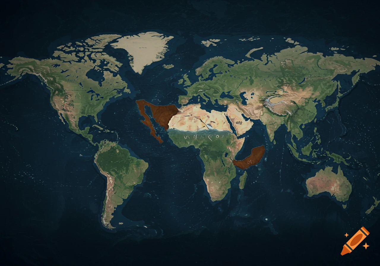 A detailed world map showing continents and oceans, with the landmass of Mexico notably absent.