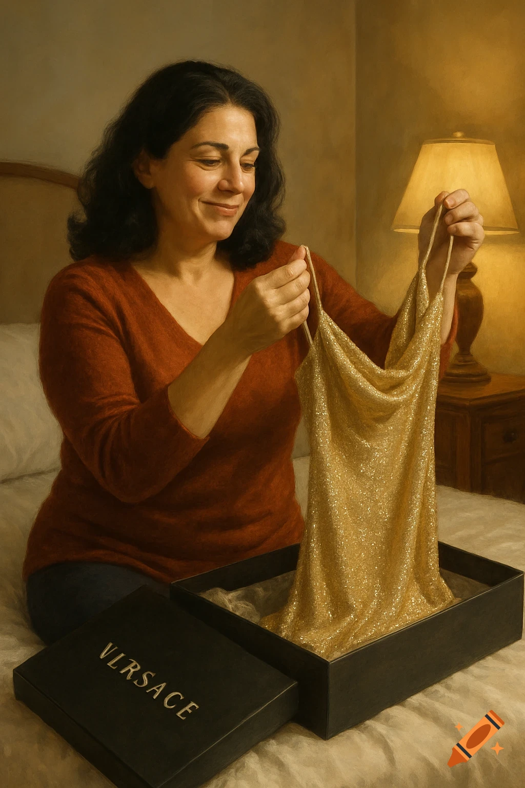 A woman sits on her bed, admiring a shimmering gold dress she is taking out of a black Versace box, in a softly lit bedroom.