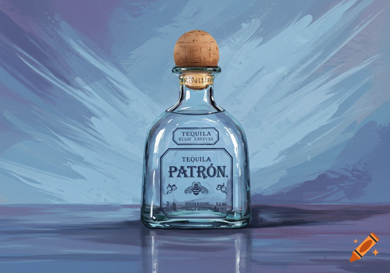 An illustrative image of a Patron tequila bottle with a cork stopper, set against a cool blue and purple brushed background.