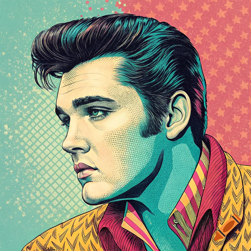 A vibrant pop art portrait of Elvis Presley with a halftone texture.