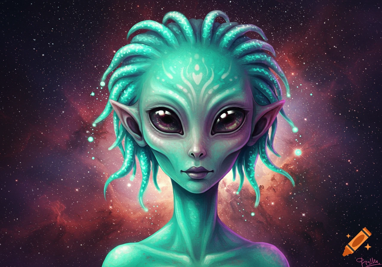 Close-up portrait of a teal-skinned alien with large eyes and tentacle-like hair, against a starry galaxy background.