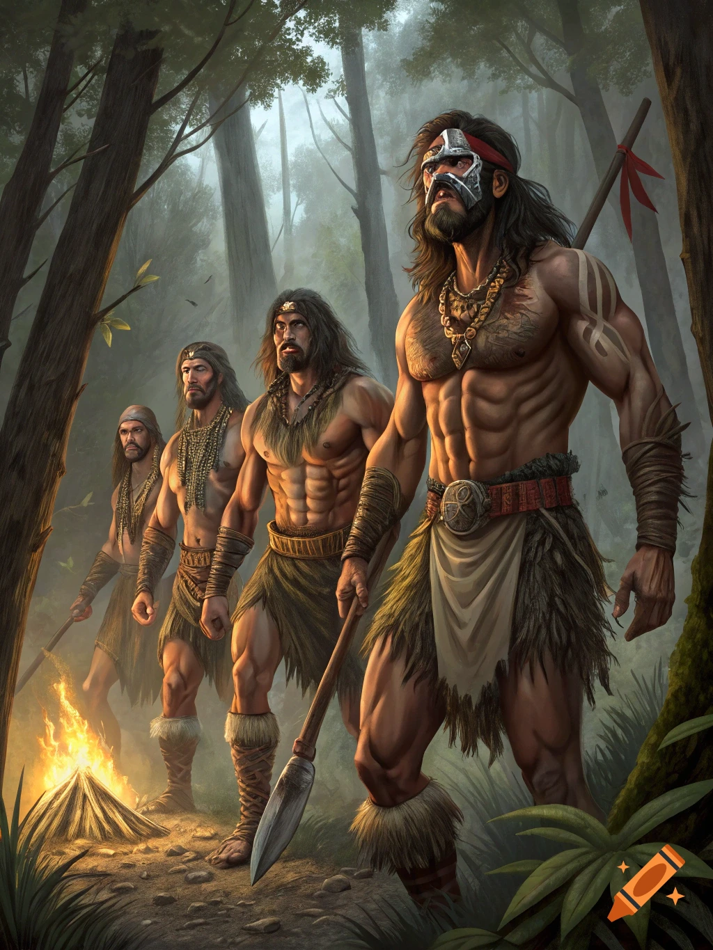 Four muscular tribal men with spears and body paint stand by a campfire in a misty forest, rendered in a detailed illustration style.