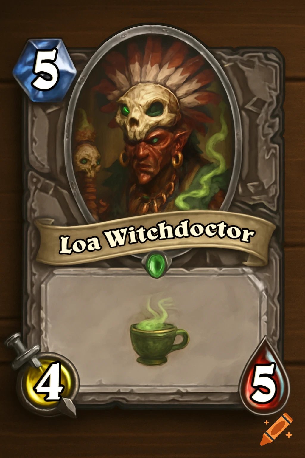 A digital art fantasy card featuring a red-skinned witchdoctor in a skull headdress, titled 'Loa Witchdoctor', with numbers 5, 4, and 5.