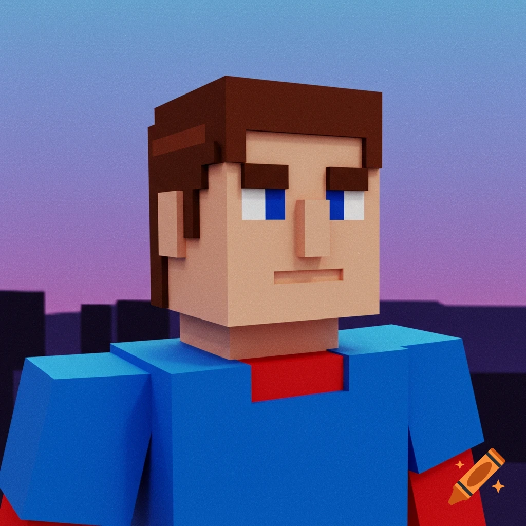 A blocky, pixelated 3D character with brown hair and blue eyes, wearing a blue shirt, stands against a purple and blue sky with building silhouettes.