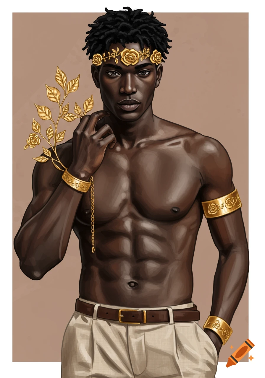 Illustrated portrait of a bare-chested dark-skinned man with dreadlocks, a golden rose crown, and gold arm cuffs, holding a golden branch.