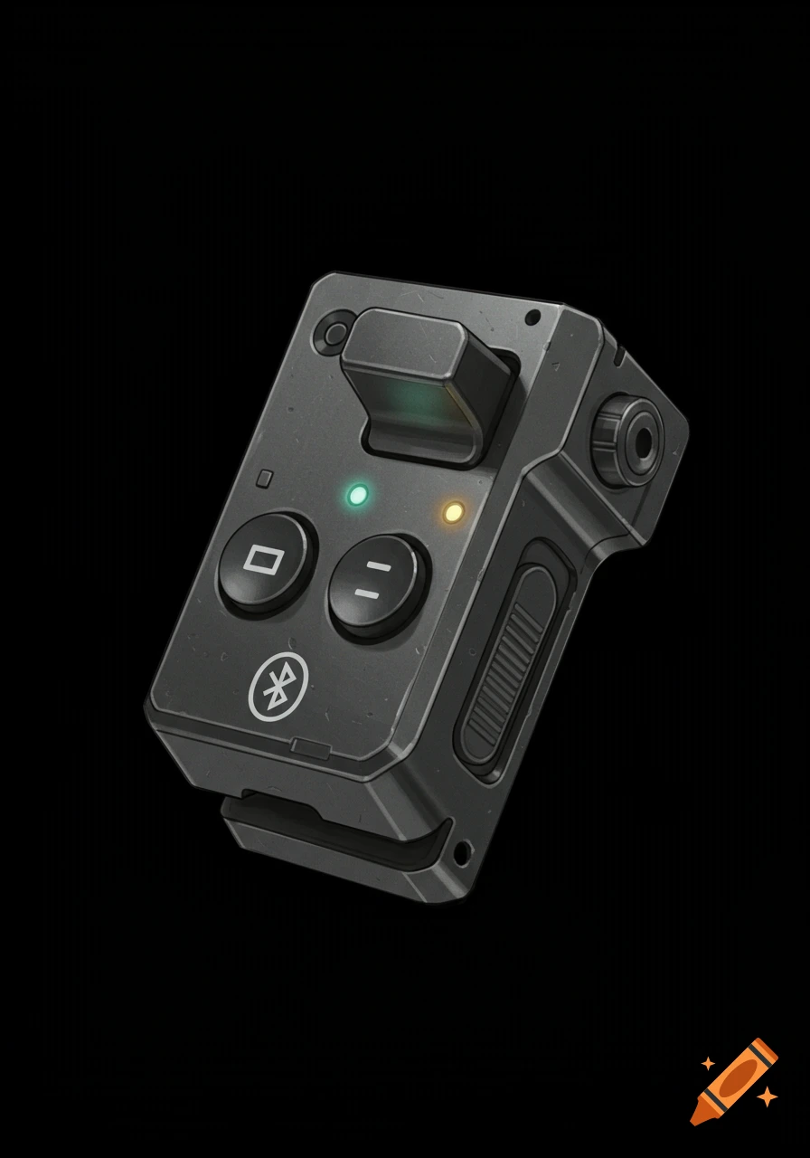 A dark grey electronic device with a toggle switch, round buttons, indicator lights, and a Bluetooth symbol, on a black background.