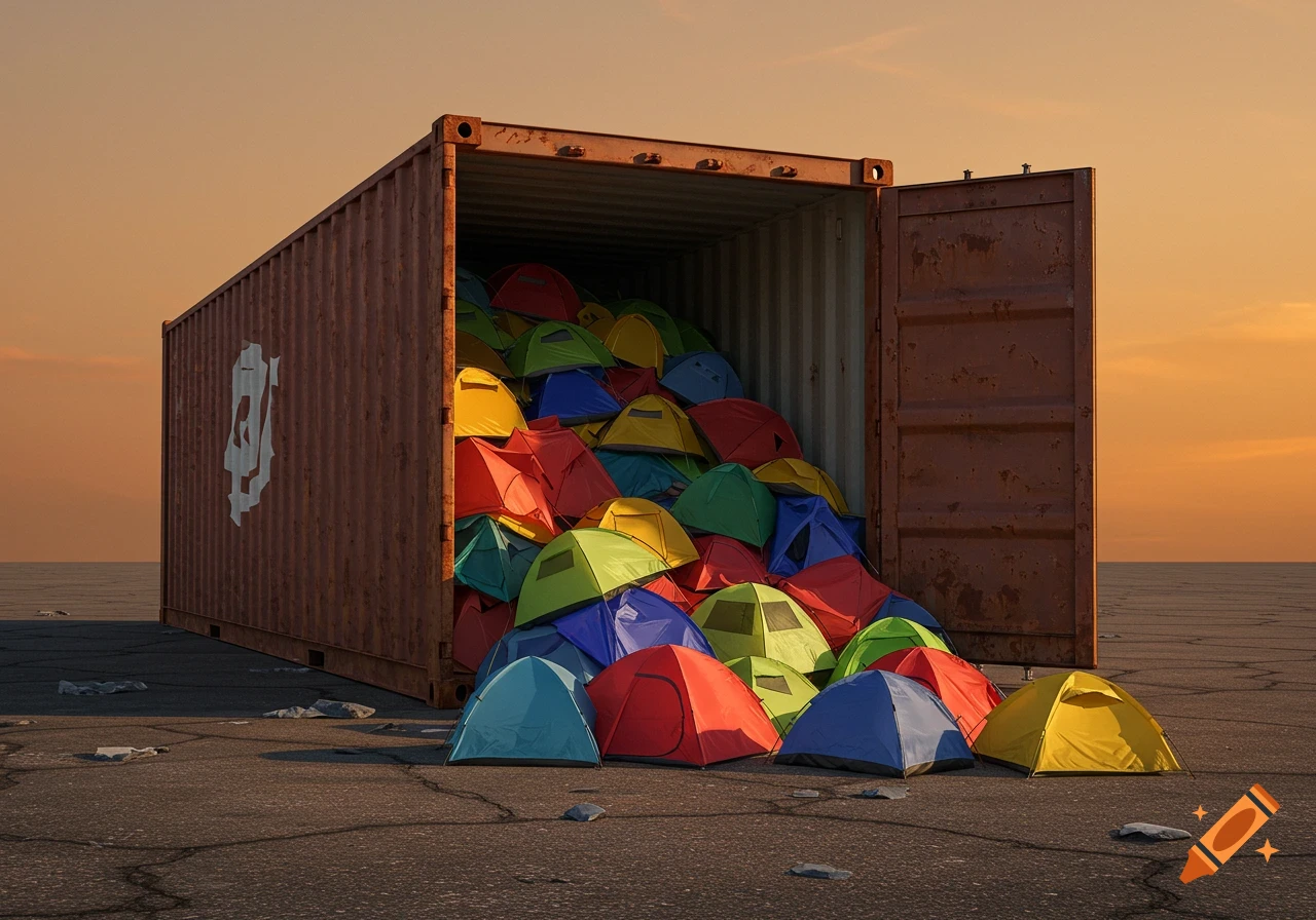 A large, rusted shipping container lies on its side, overflowing with dozens of colorful camping tents onto a cracked asphalt ground under an orange sunset sky.