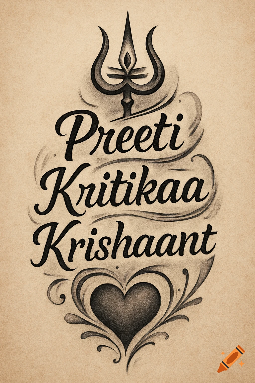 Calligraphic design featuring the names Preeti Kritikaa Krishaant, a Shiva trishul symbol, and a heart on a textured background.