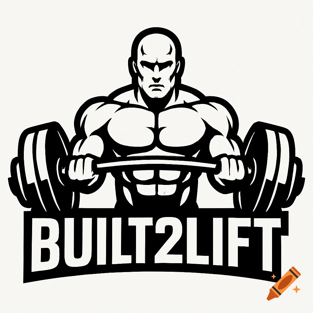 Black and white logo of a muscular bodybuilder holding a barbell with 'BUILT2LIFT' text below.