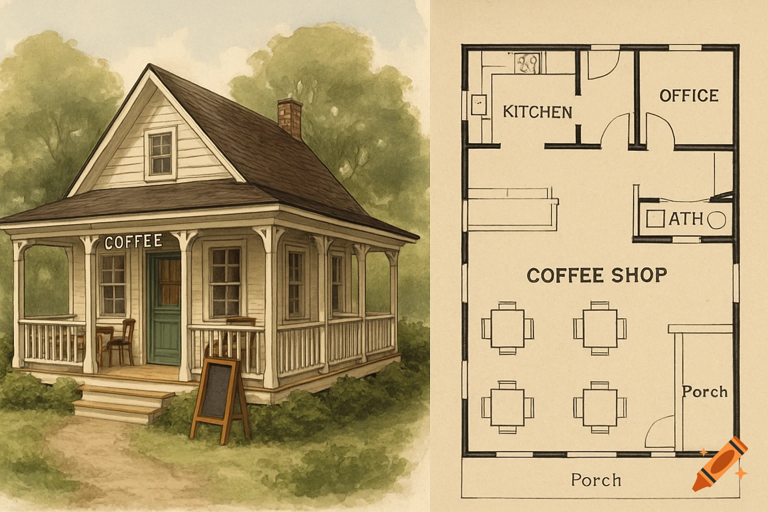 A watercolor-style illustration of a small, white cottage coffee shop with a porch, next to its corresponding floor plan detailing the kitchen, office, coffee shop area, and porch.