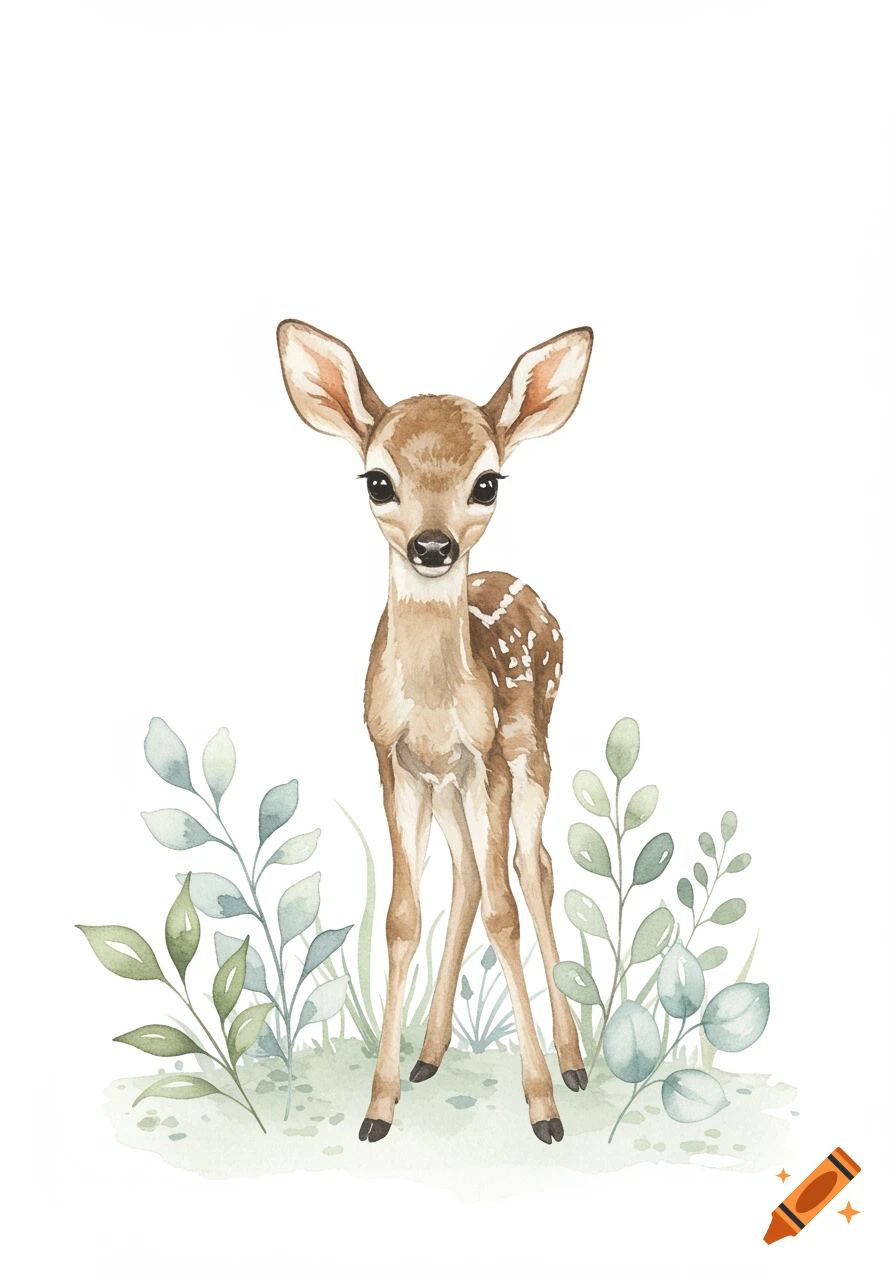 A watercolor illustration of a cute baby deer with large eyes standing in green foliage against a white background.