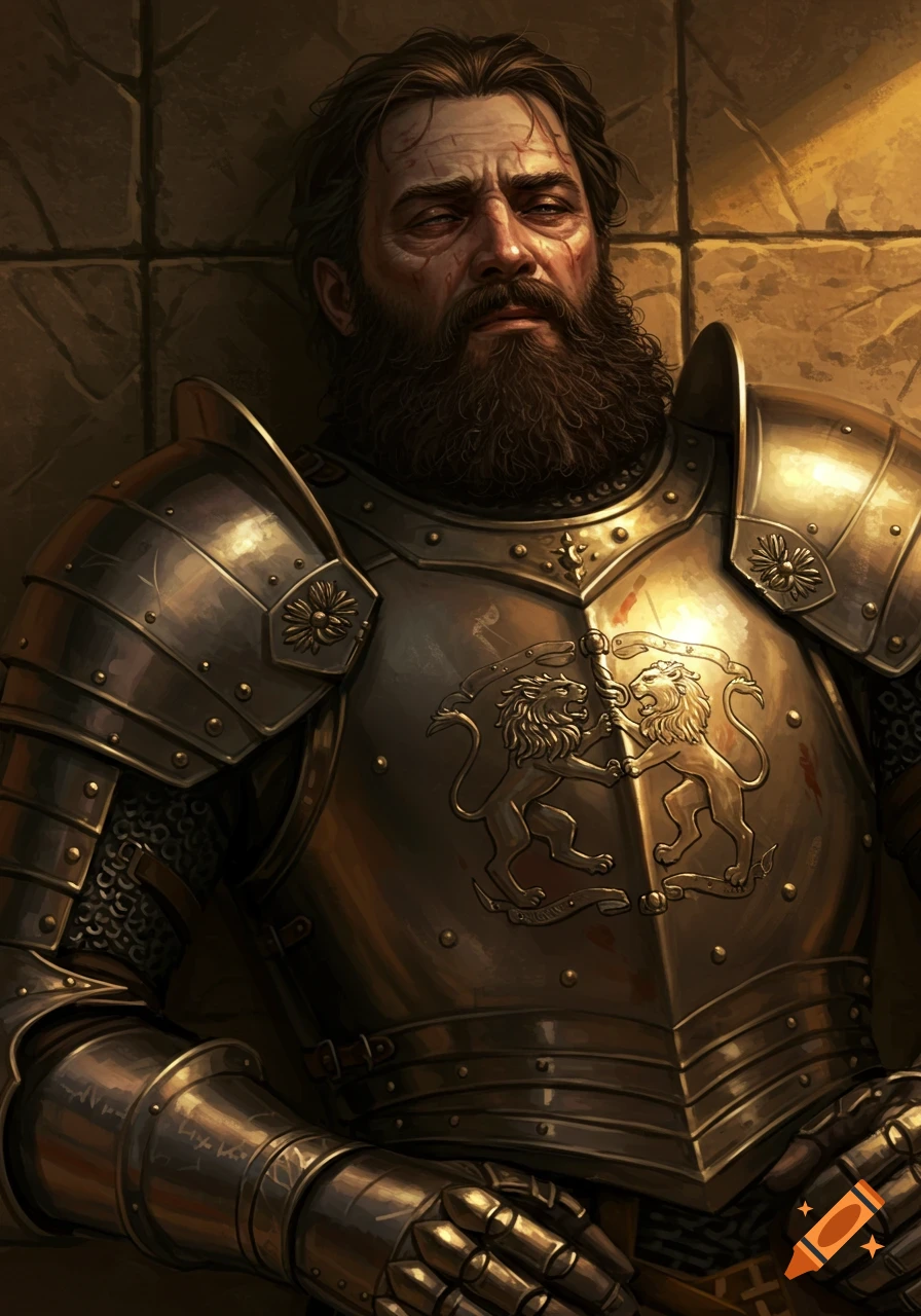 A bearded man in ornate gold and silver armor featuring two lions on the chest leans against a stone wall.