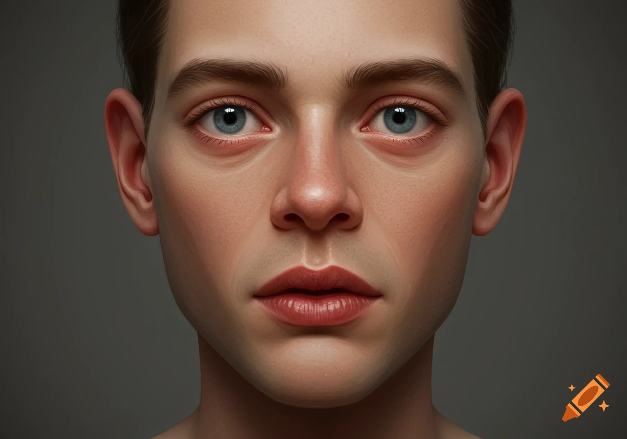 Close-up photorealistic portrait of a young person with blue eyes.
