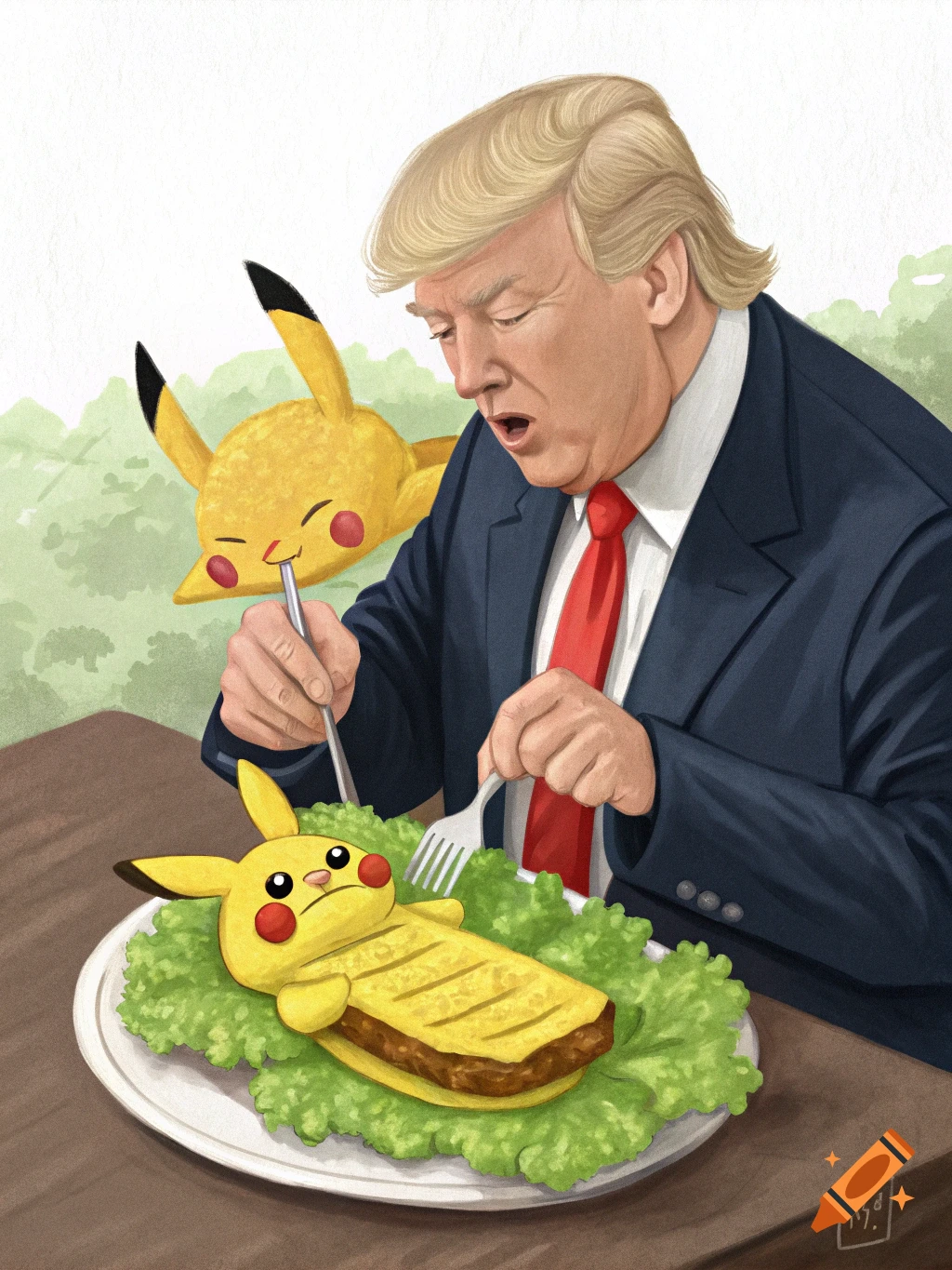 Donald Trump, in a suit, eats a Pikachu-shaped sandwich on lettuce with a fork and knife, as another Pikachu floats nearby. Illustrated caricature.
